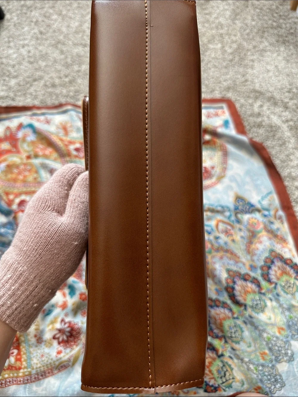 Trench & Hide New York Brown Leather Tote with Front Pocket. Made in korea.